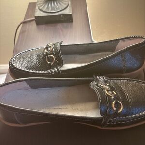 Black Leather Loafers with Gold Accents